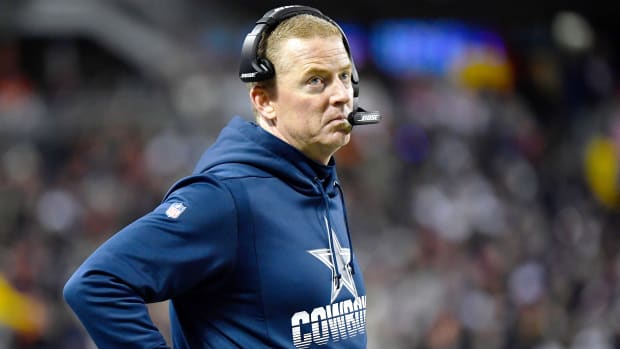 Dec 5, 2019; Chicago, IL, USA; Dallas Cowboys head coach Jason Garrett looks on in the first half against the Chicago Bears at Soldier Field. Mandatory Credit: Quinn Harris-USA TODAY Sports